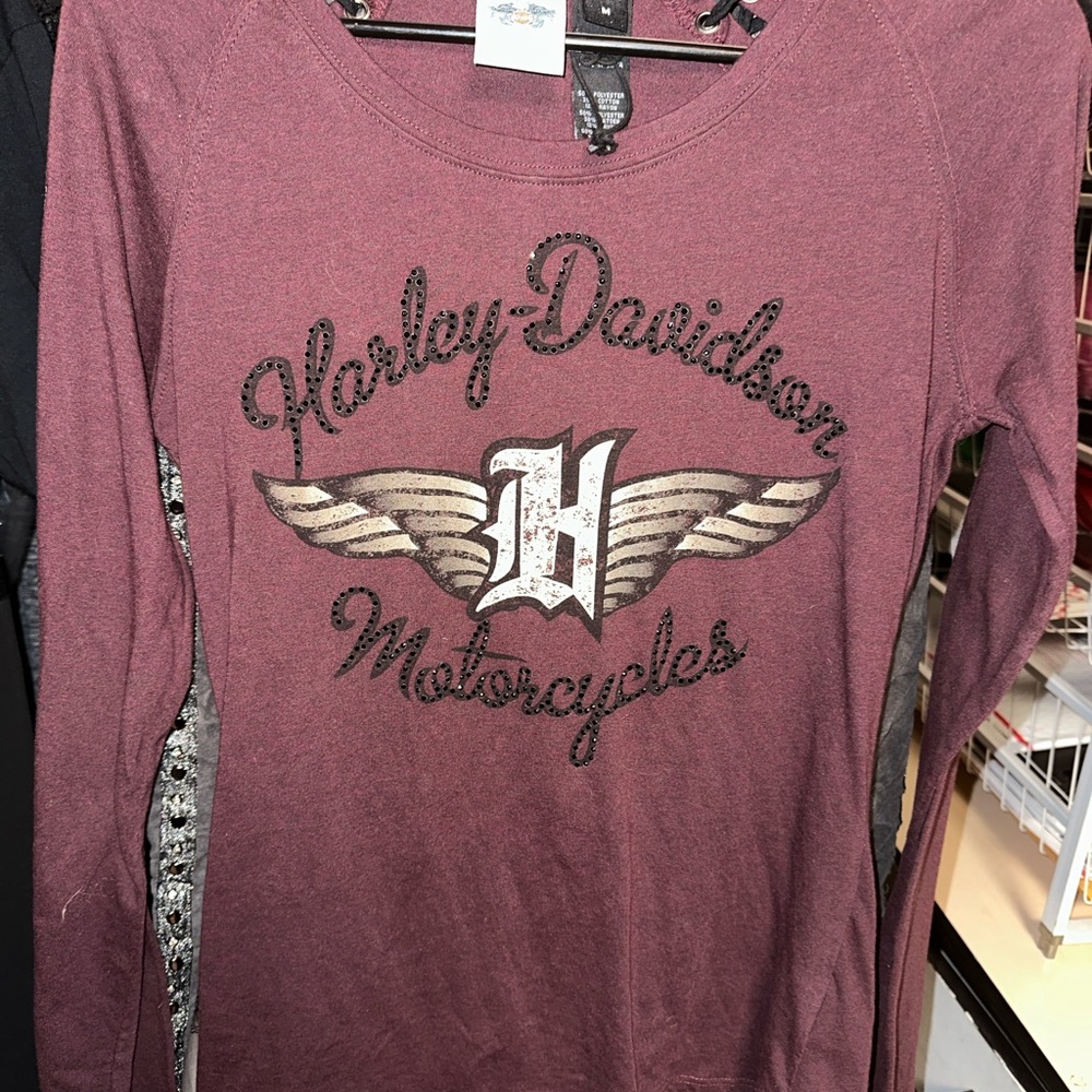 Harley-Davidson Burgundy Long Sleeve Shirt Embellished Lace-up on back. …